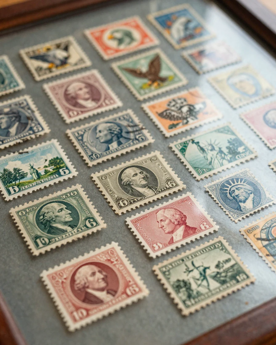 A collection of vintage postage stamps under glass
