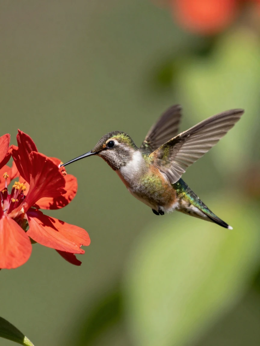A hummingbird hovers in midair, wings a blur, feeding from a bright red flower.