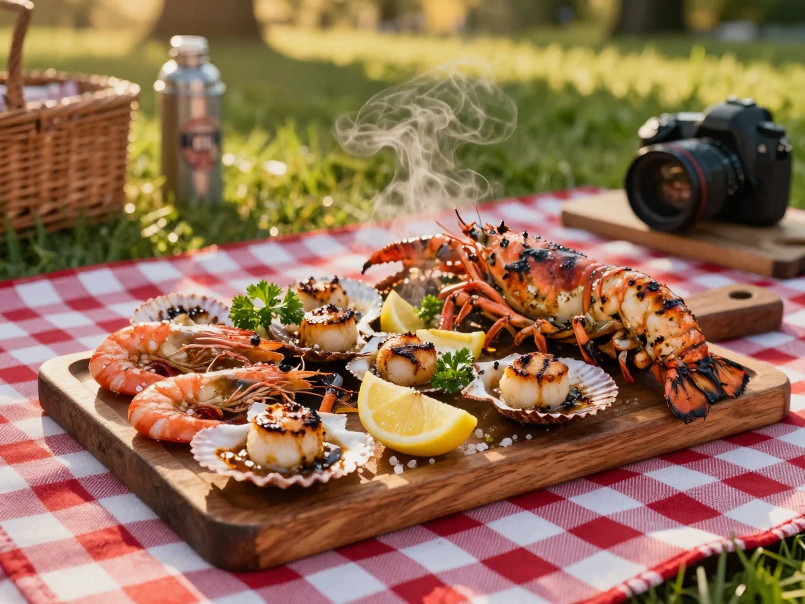 A platter of grilled seafood fresh off the coals on a checkered picnic blanket