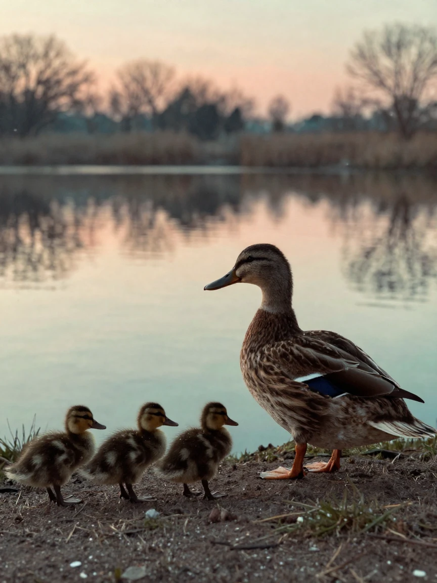 Newly hatched ducklings following their mother across a pond, in the pale light just before sunrise, amid gently falling snow, in early spring, in vivid coral and turquoise hues, at eye level, intimate and direct.