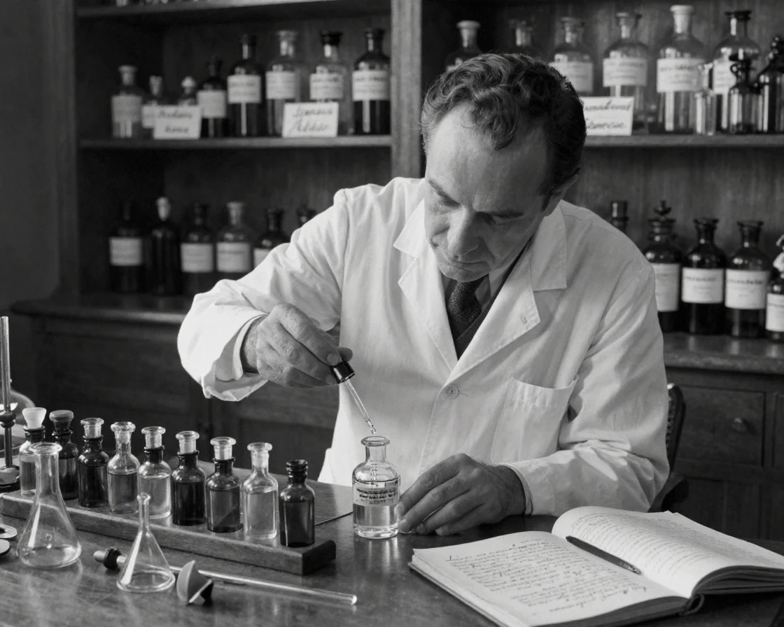 A perfumer blends rare oils into a new fragrance surrounded by rows of glass vials.
