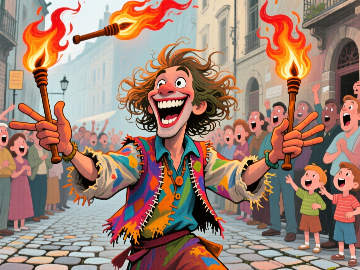 A street performer juggling flaming torches, crowd gathered in awe around him.
