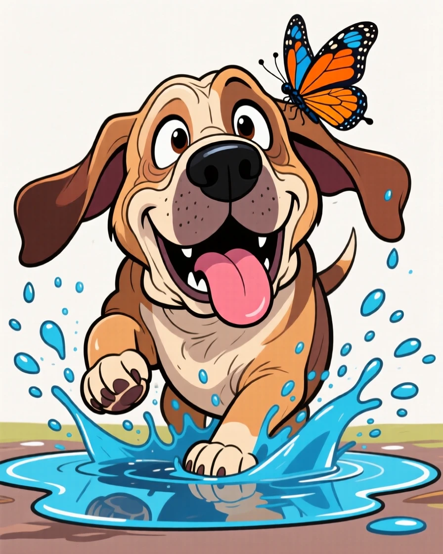 A playful pet moment featuring a gentle old bloodhound splashing gleefully through a puddle, as a butterfly lands on its nose.