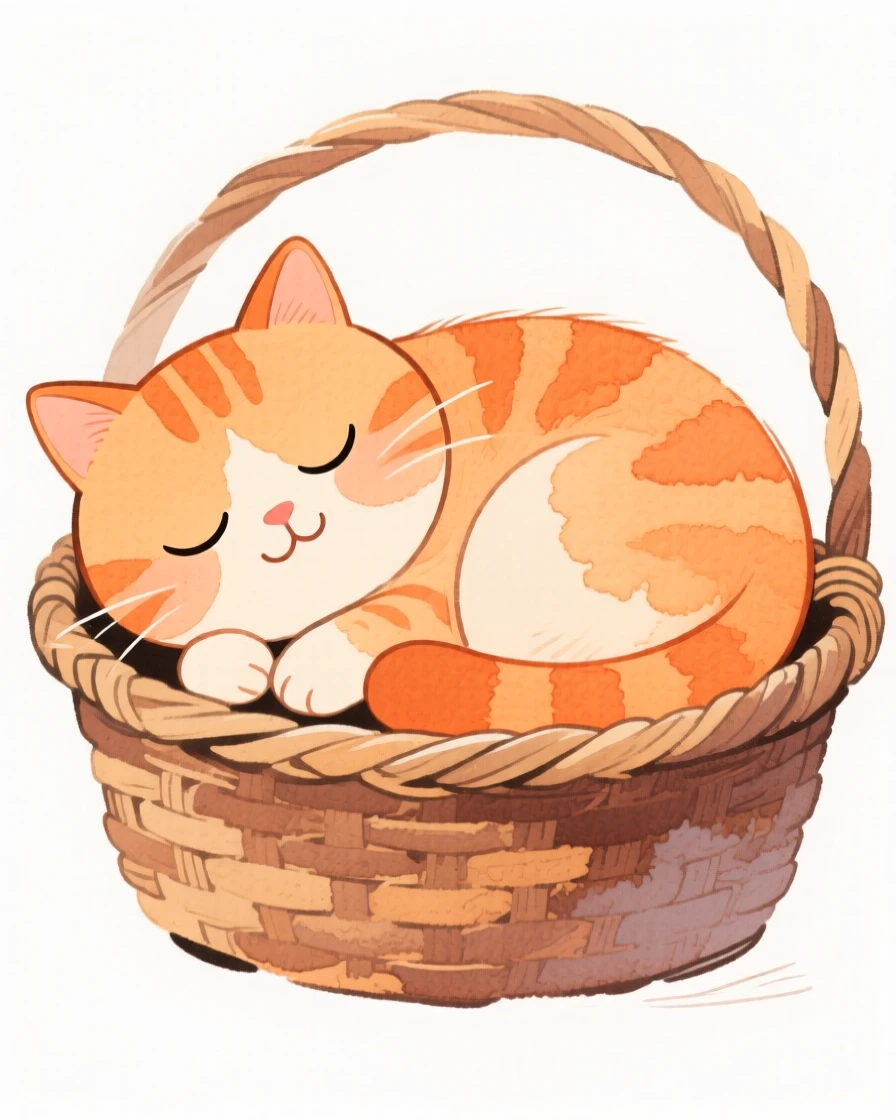 A regal orange cat curled up asleep in a cozy basket