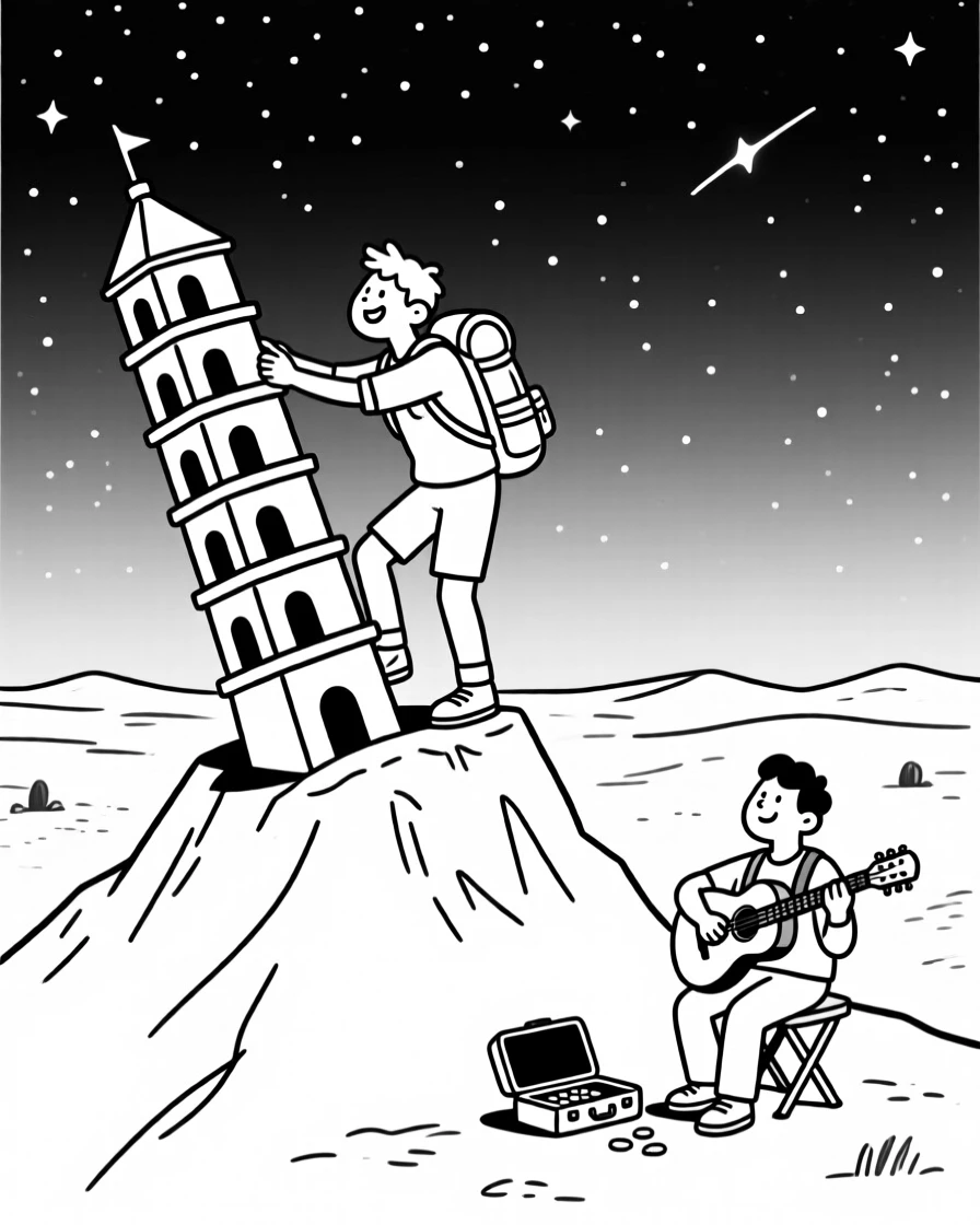 A backpacker triumphantly reaching a mountain summit, pretending to push the tower back into place, set parked beneath a blanket of stars in the desert. A street musician plays gently in the background. The scene captures the giddy chaos of exploring somewhere new.