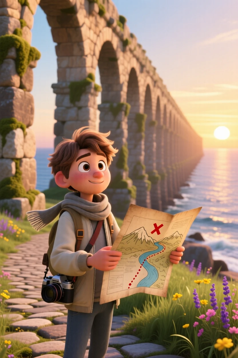 A photographer studying the horizon stands beneath the arches of an ancient stone aqueduct, tracing a path on an old paper map. A warm sense of gratitude and wanderlust colors the moment, with the scent of salt air carried on the wind.