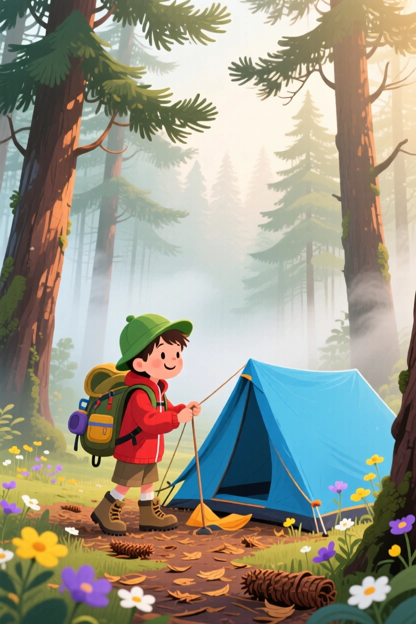 A young explorer with a backpack spends the day pitching a tent beneath tall pine trees through a foggy morning woodland, as wildflowers sway in the breeze.