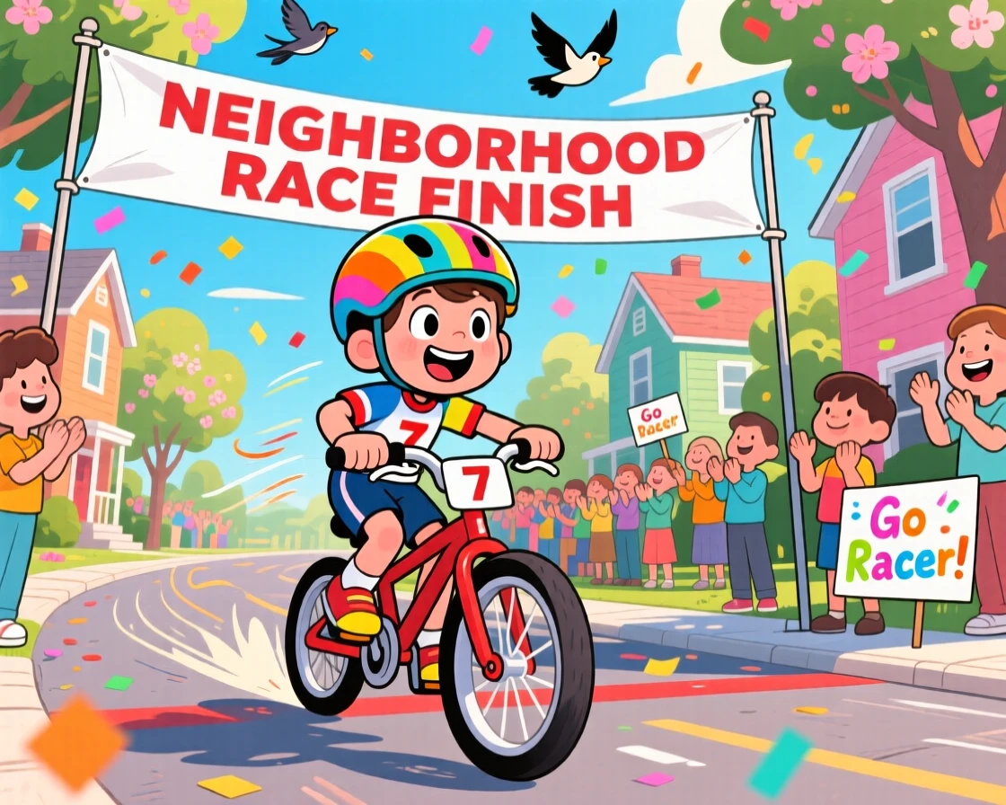 A young cyclist crossing the finish line of a neighborhood race.