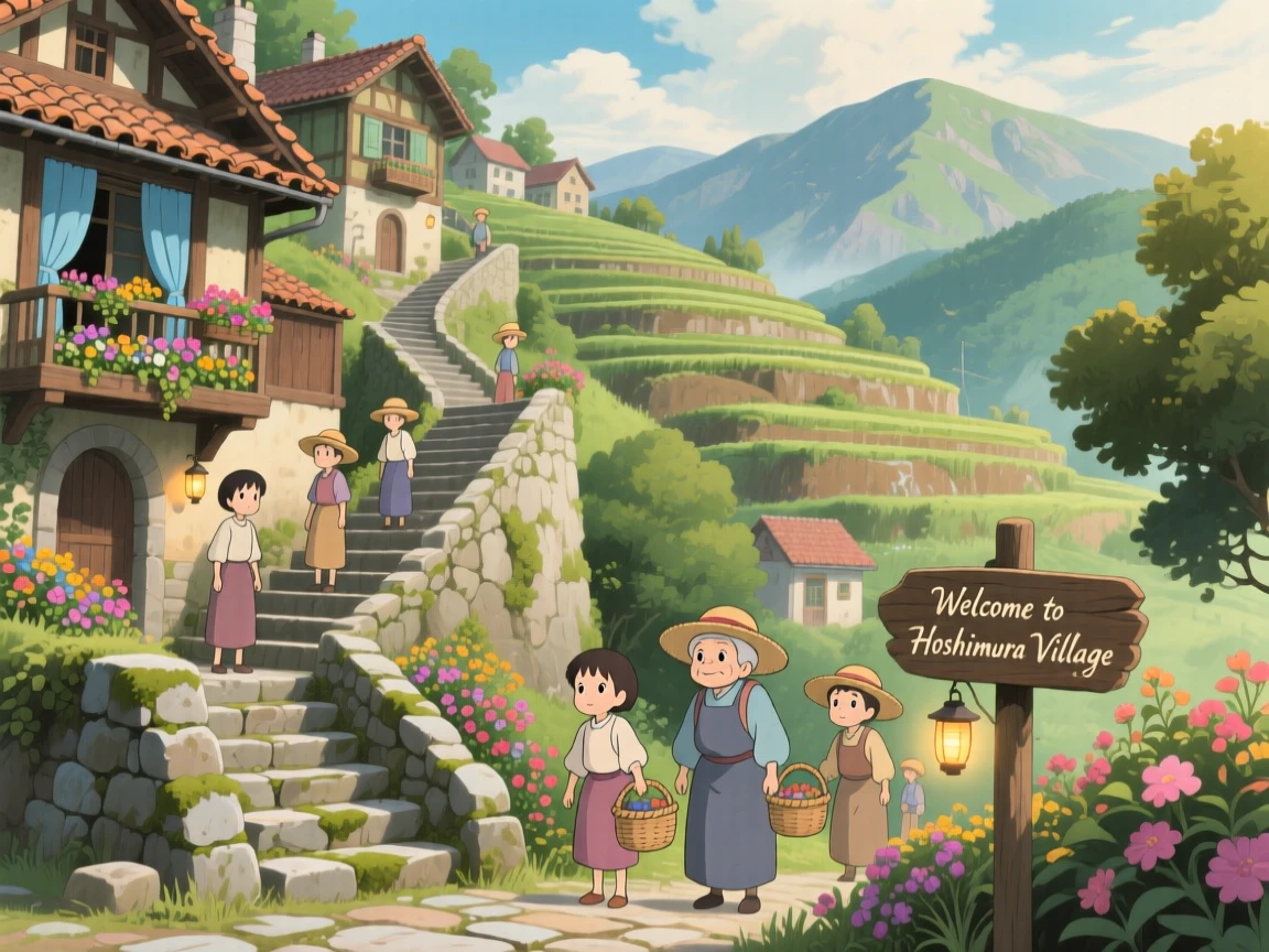 A scenic view of a terraced hillside town connected by narrow stone stairways, with distant mountains framing the skyline.