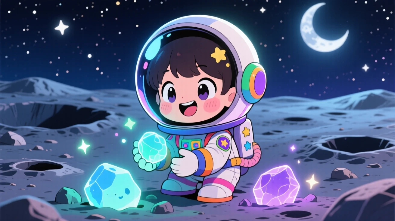 Three-quarter view of a child in a space helmet, collecting glowing moon rocks, in a cratered lunar surface, under a starry midsummer night sky, illuminated by soft moonlight, radiating bubbly enthusiasm.