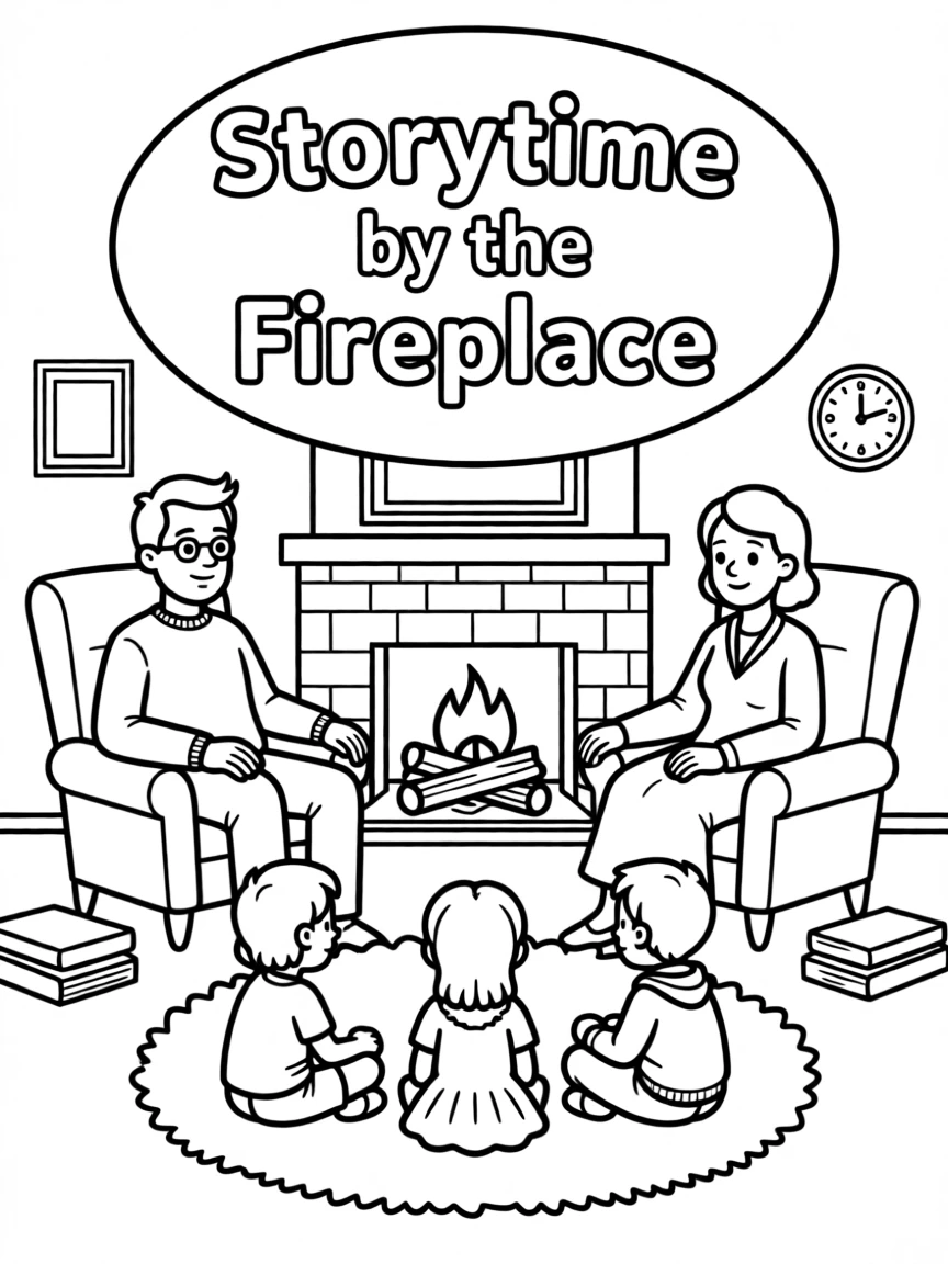 Grandparents telling stories to grandchildren by a fireplace