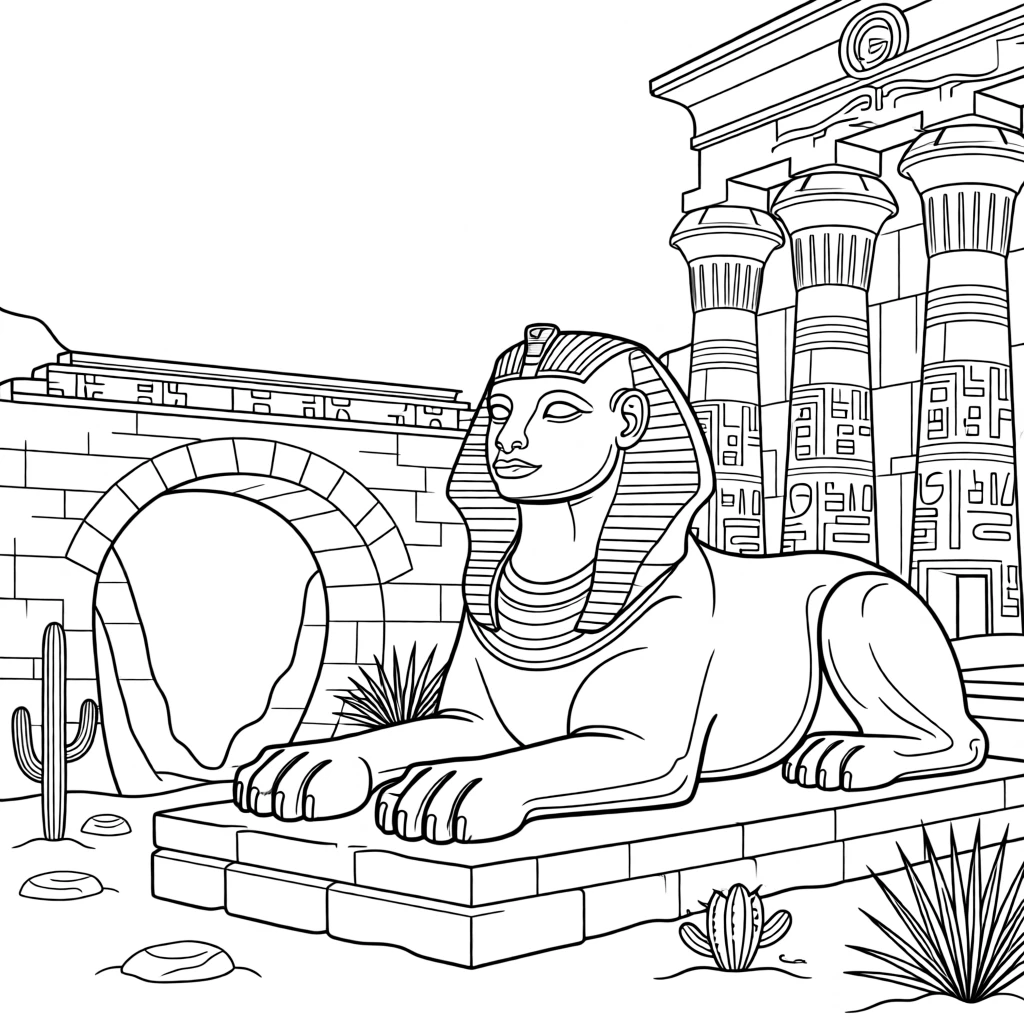A sphinx guarding an ancient desert temple, with an old stone bridge crossing a chasm behind it.