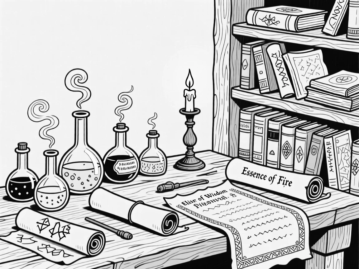 A wizard's laboratory filled with bubbling potions and scrolls