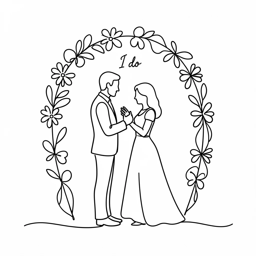 A couple exchanging vows beneath a floral arch at an outdoor wedding