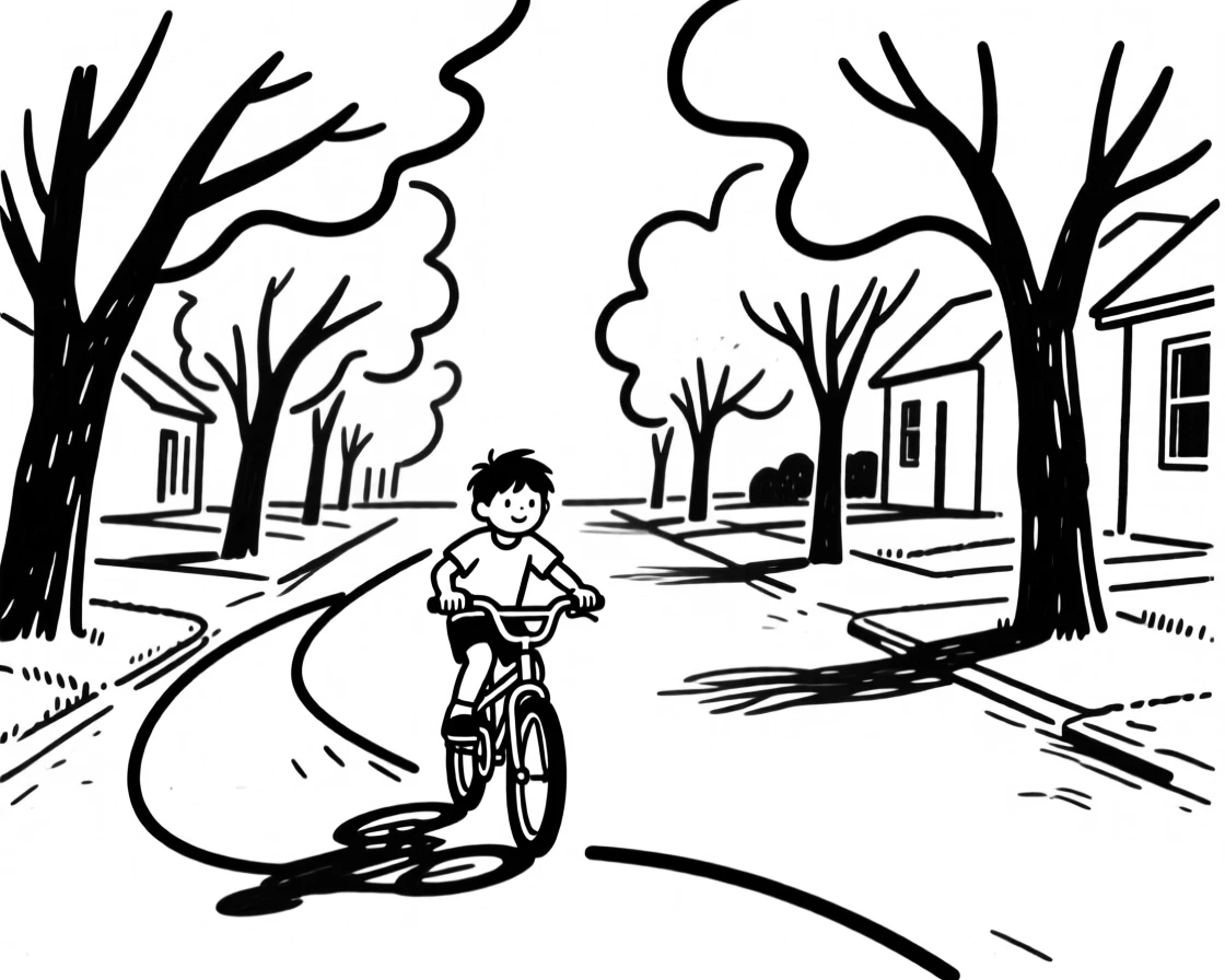 A child riding a bicycle down a tree-lined suburban street.