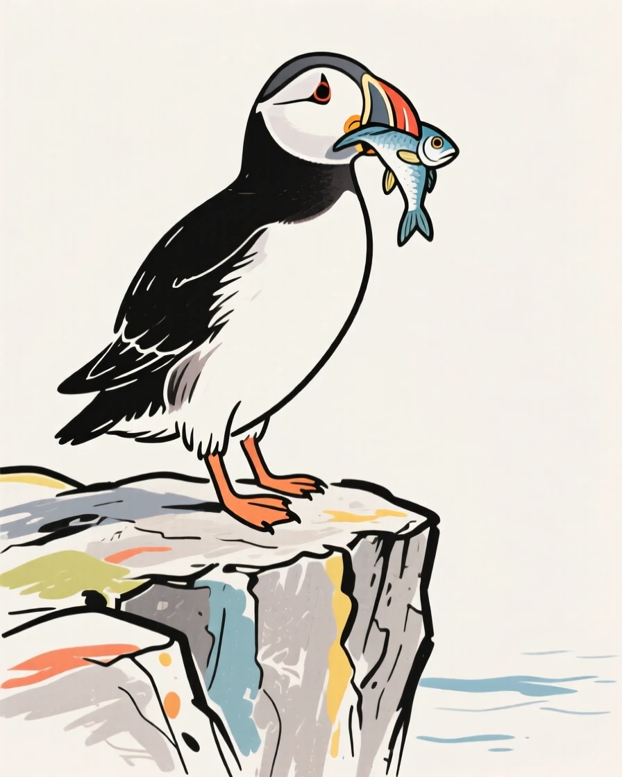 A puffin standing on a rocky cliffside with fish in its beak.