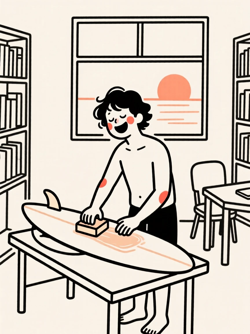 A surfer of italian heritage waxing a board at dawn, laughing joyfully, in a quiet library.