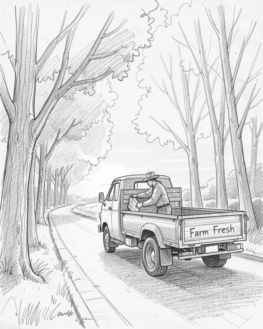 A candid slice-of-life scene of a farmer loading a truck at sunrise along a quiet tree-lined avenue, with quiet everyday contentment.