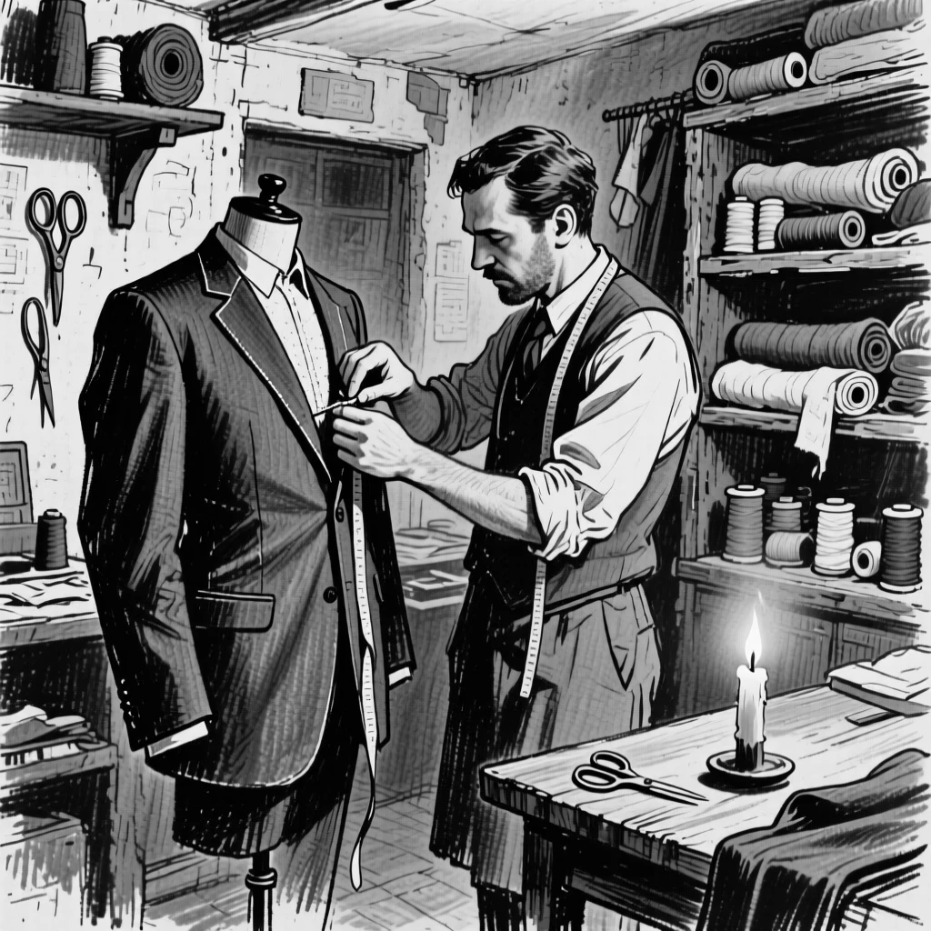 A tailor fitting a suit in a small shop, as soft candlelight flickers nearby.