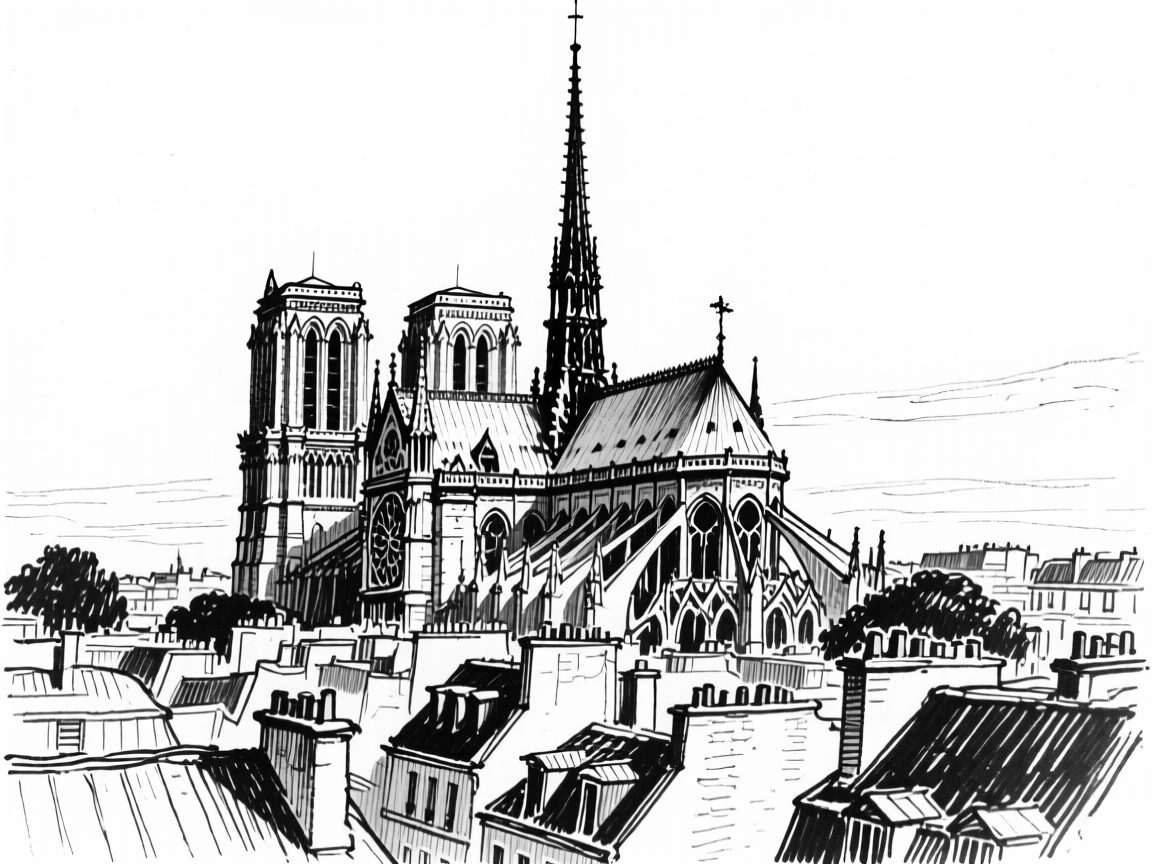 The towering spires of a Gothic cathedral in Paris rising above the rooftops.