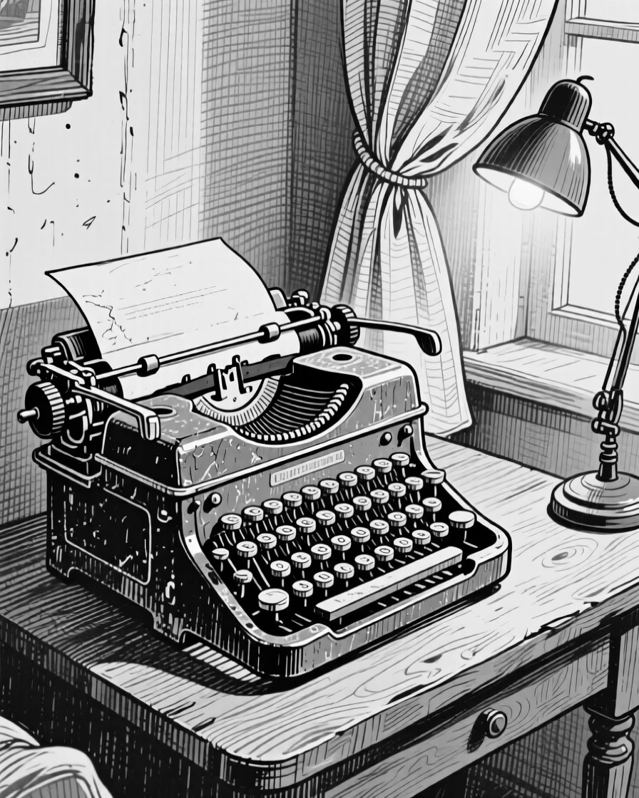 A vintage typewriter tucked into the corner of a cozy room, with fine scratches telling of years of use, forming a timelessly charming still-life study.