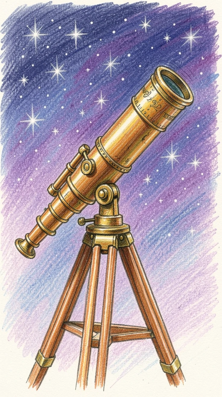 An antique brass telescope pointed toward a starry sky, with a nostalgic, well-loved quality, full of storytelling character and warmth.