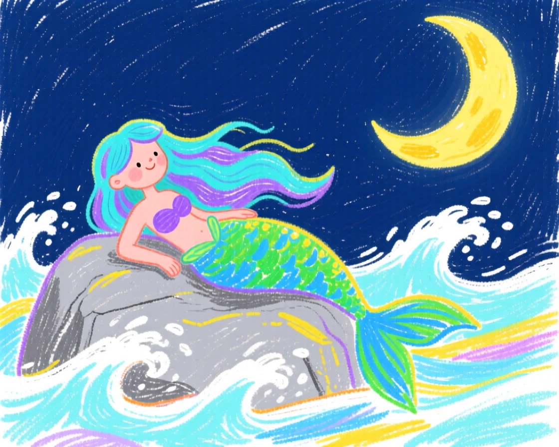 A mermaid resting on a moonlit rock beside crashing waves.