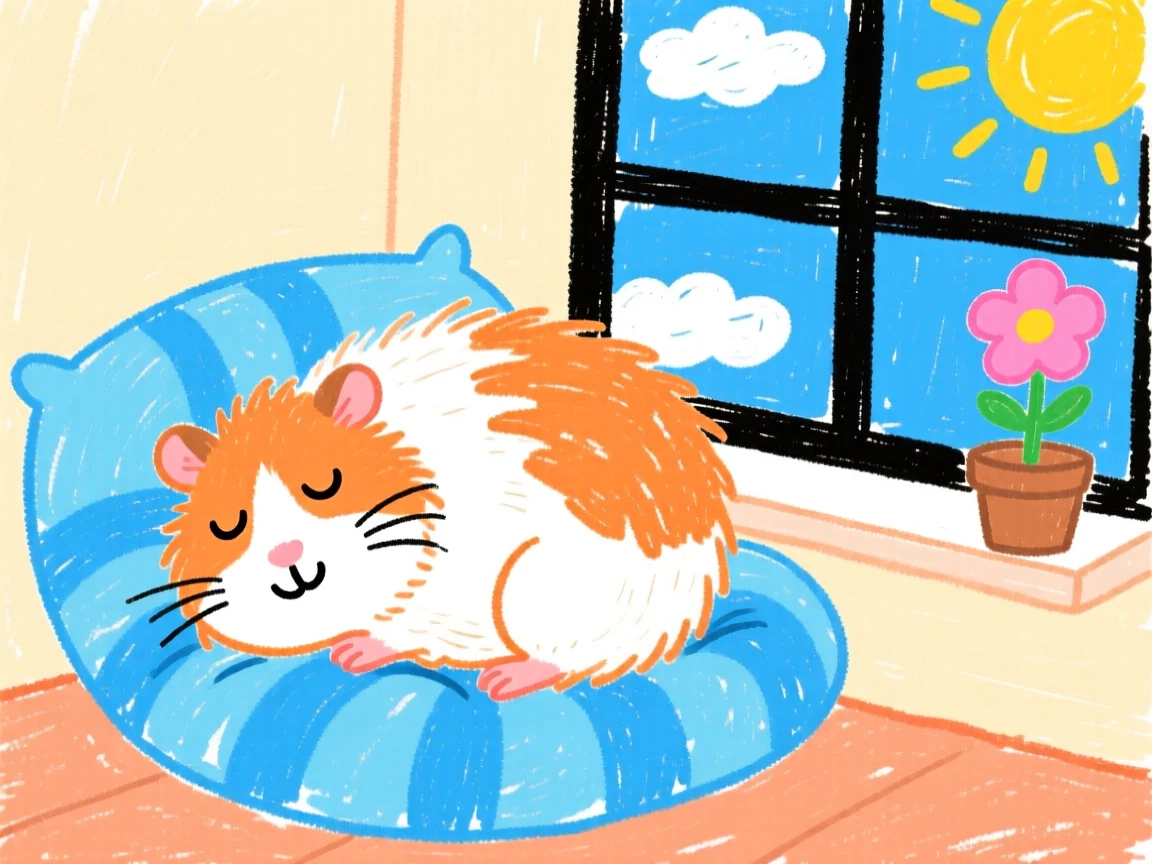 A fluffy guinea pig curled up asleep on a soft cushion by the window.