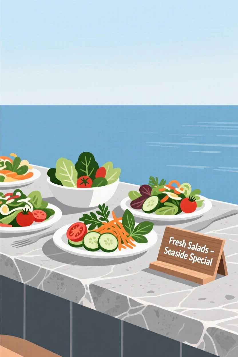 A selection of fresh salads beautifully displayed on a stone counter at a seaside restaurant.