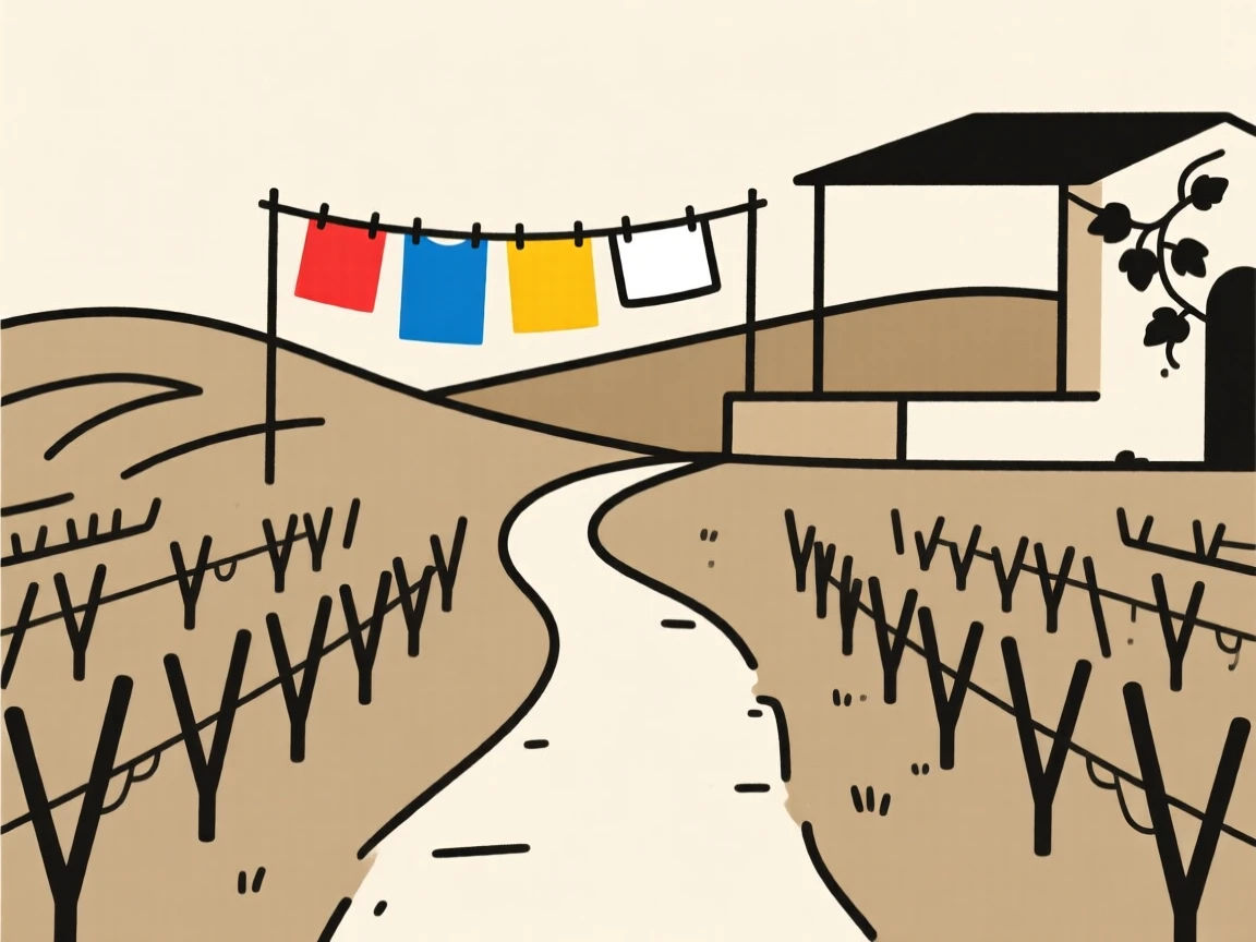 A journey through a countryside dotted with vineyards toward a vineyard terrace, passing colorful hanging laundry lines, full of timeless nostalgia.