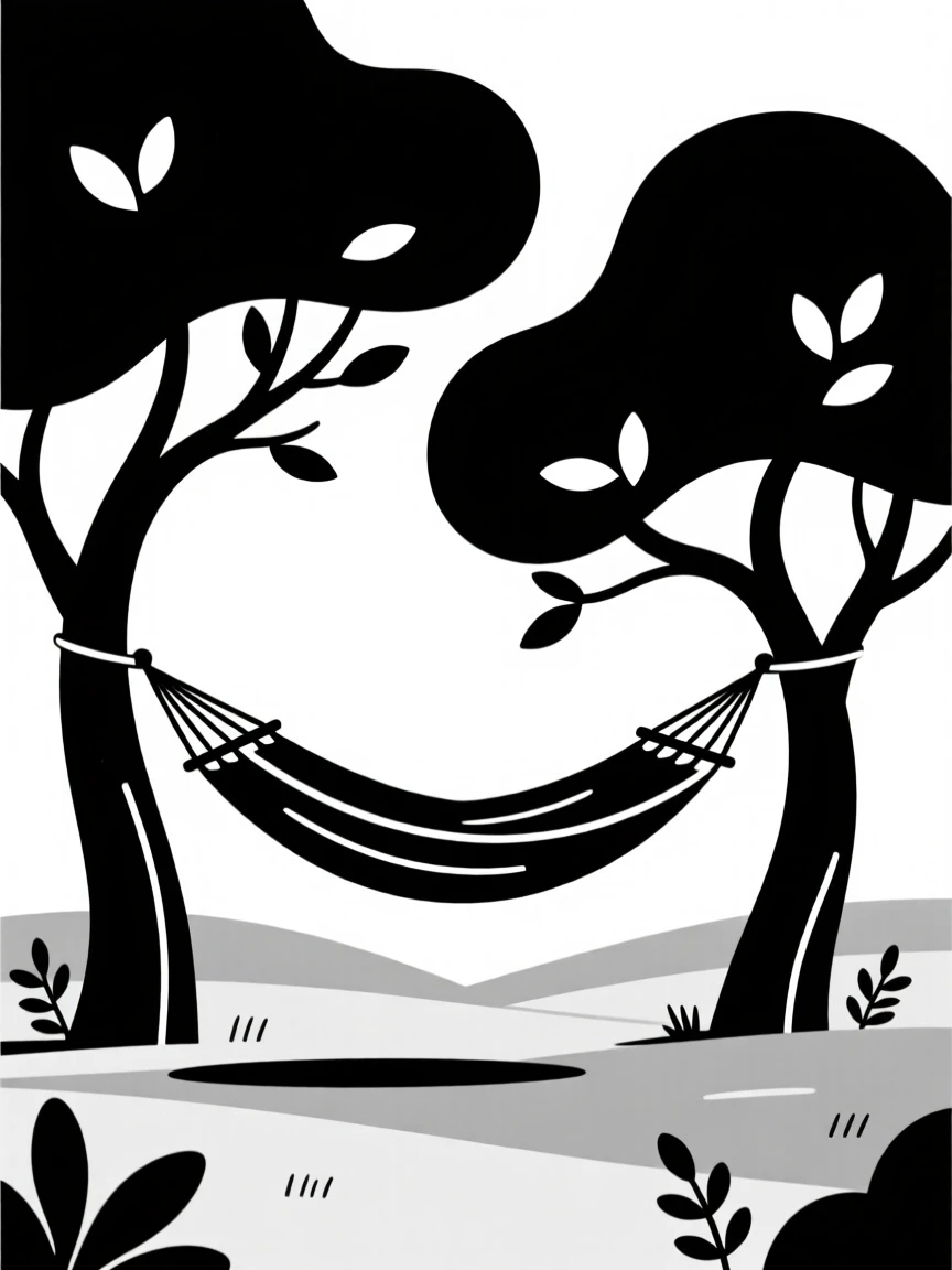 A hammock strung between trees in a quiet orchard.