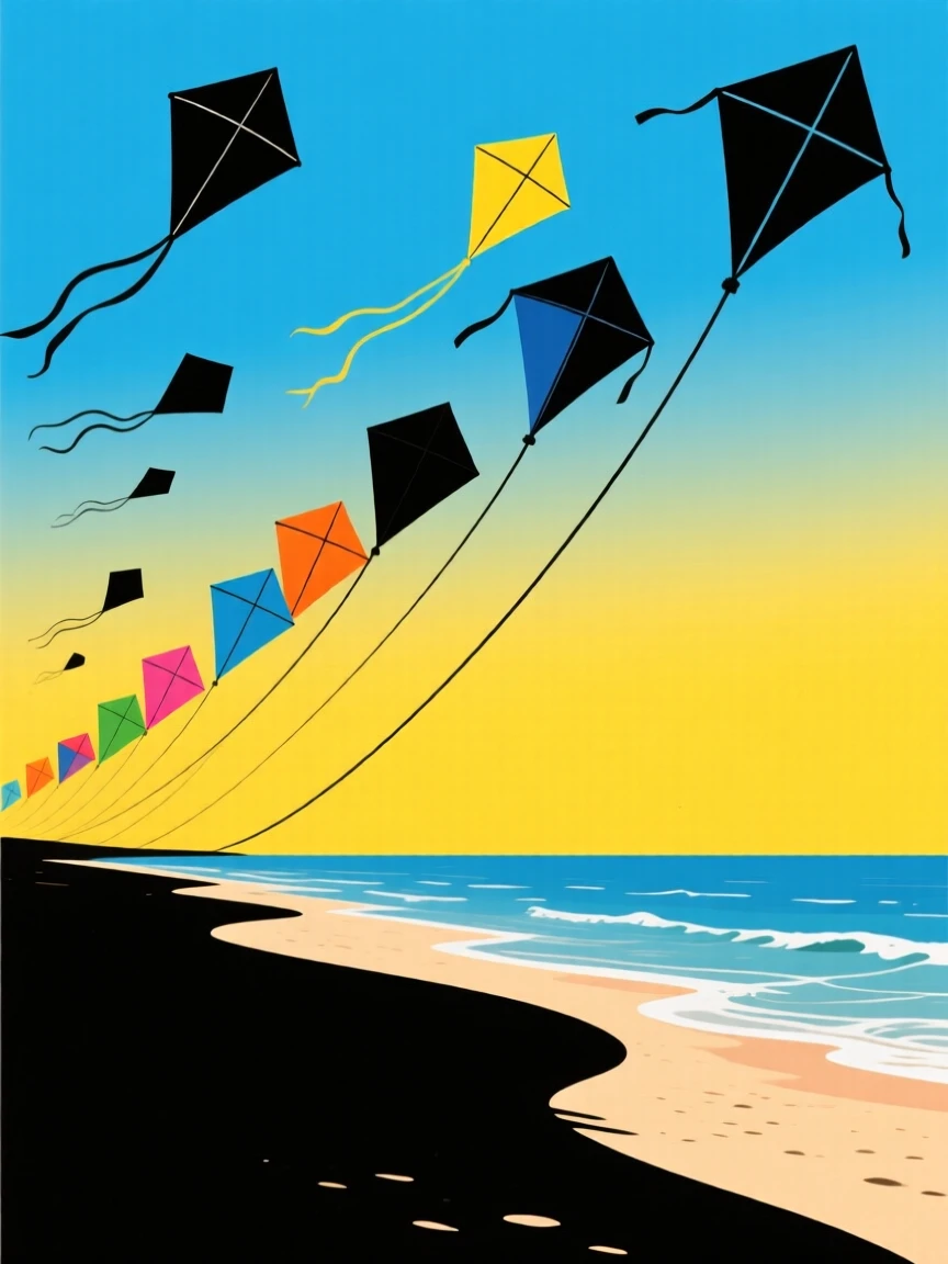 A row of colorful kites flying above a beach on a breezy summer day.