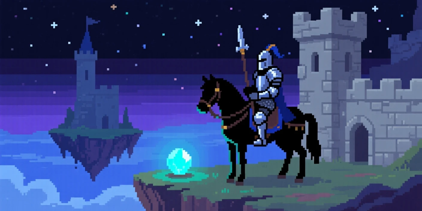A mounted knight resting at a save point glowing softly in the dark, atop a floating sky fortress.