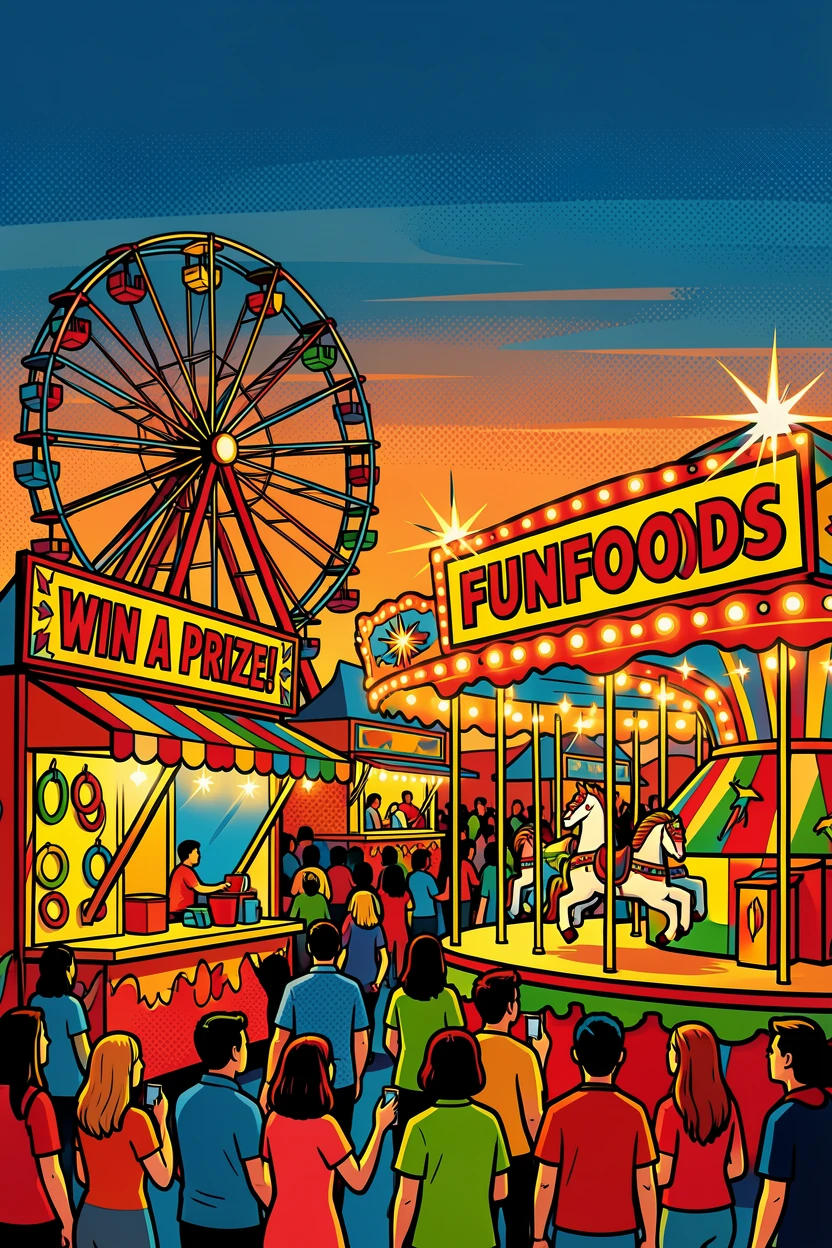 A county fair midway lit up at dusk