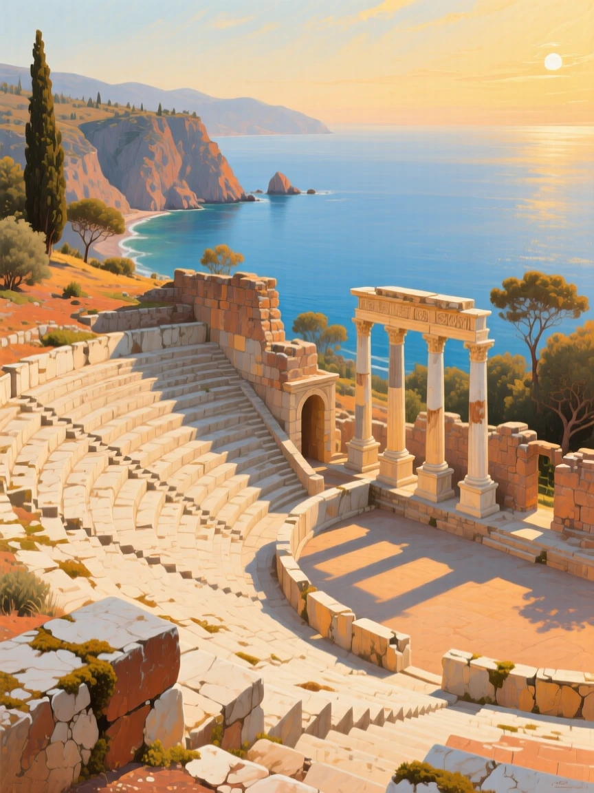 A grand panoramic scene of a grand ancient amphitheater bathed in golden afternoon light, along the Turkish coast, in bright warm sunshine.