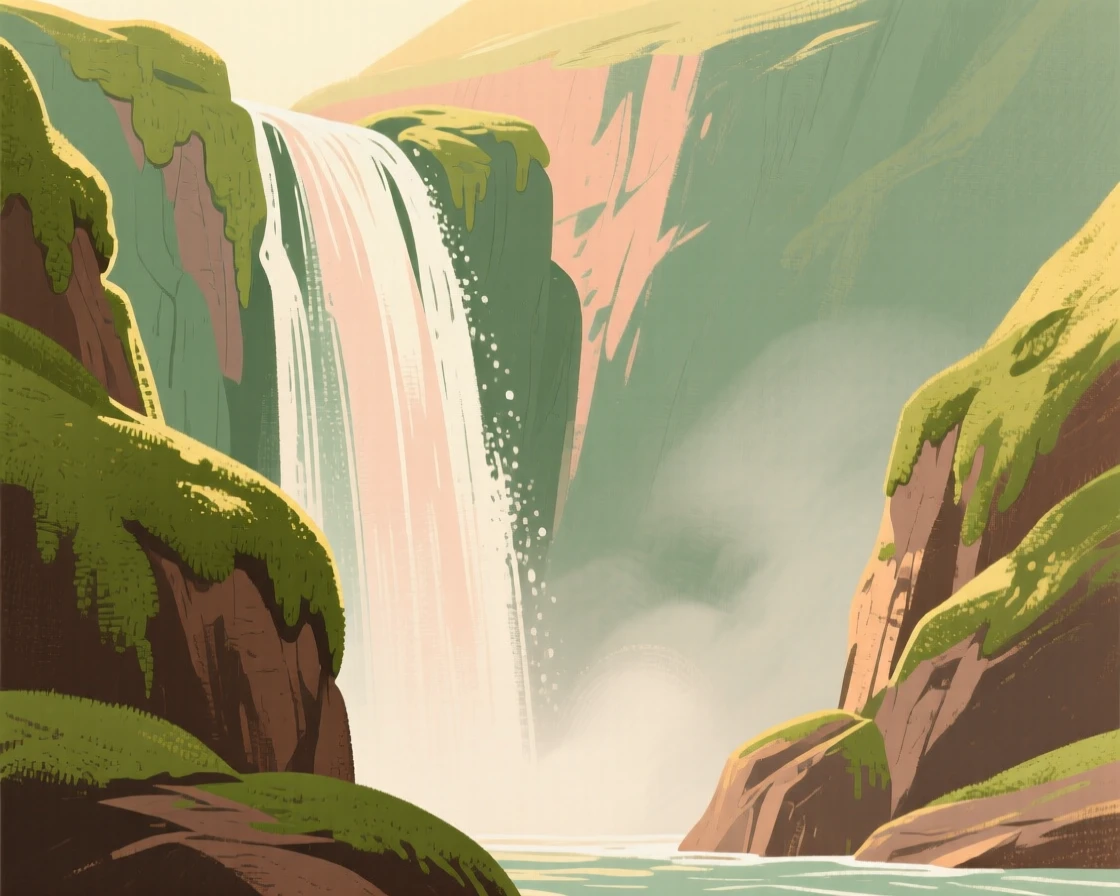 A dramatic waterfall plunging into a mossy green gorge