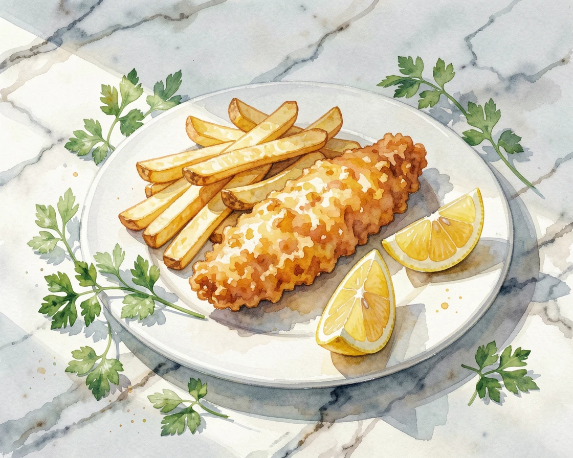 A plate of fish and chips with lemon wedges on a marble countertop garnished with fresh herbs.