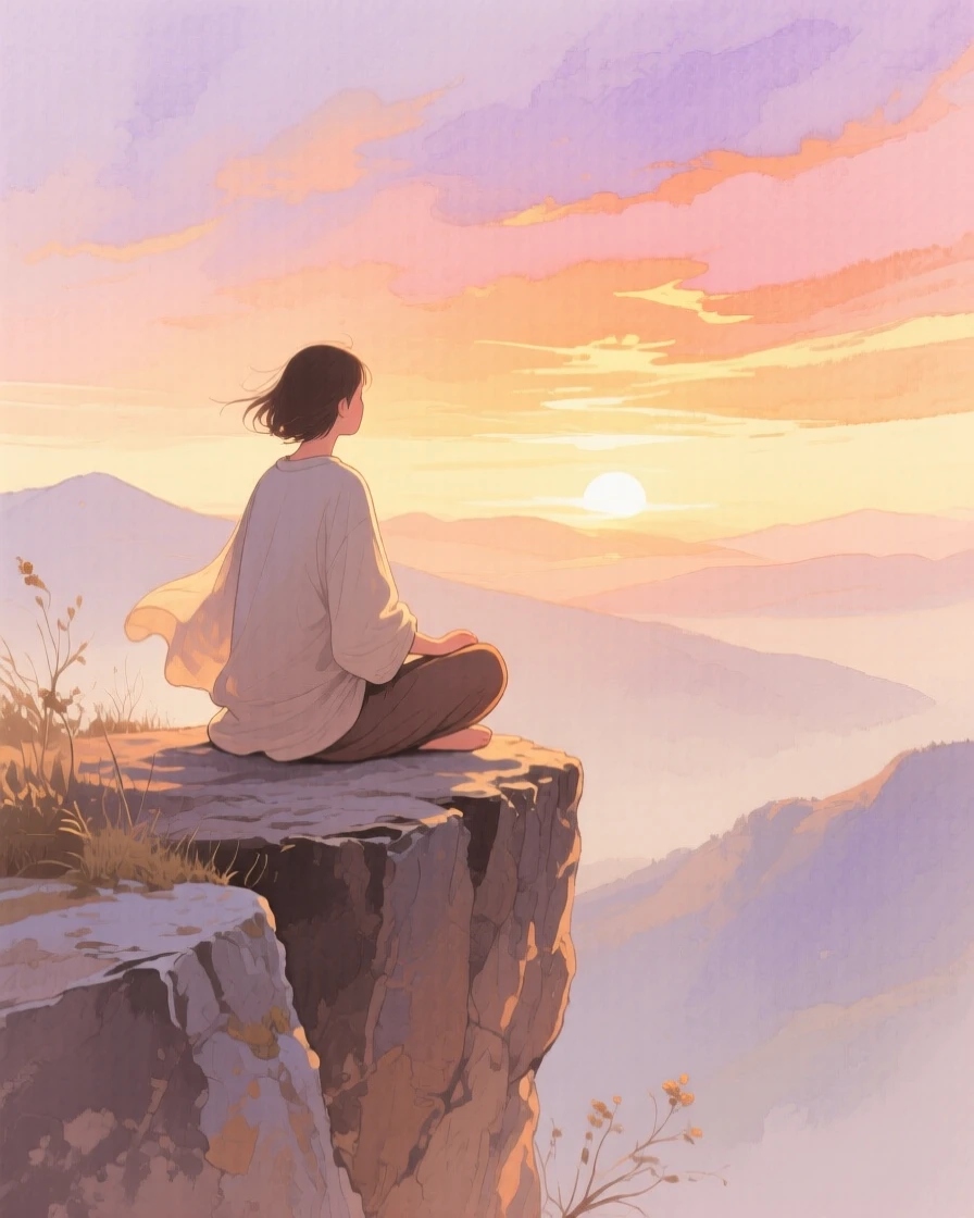 A solitary figure sits cross-legged on a cliff edge watching the sunrise paint the sky over distant mountains