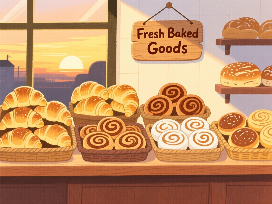 A bakery counter piled with fresh croissants and cinnamon rolls, glowing softly as evening falls.