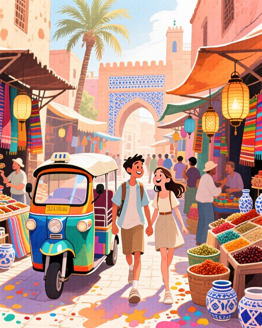 A young couple wanders hand in hand amid a colorful tuk-tuk weaving through Marrakech's markets, inspiring a dream of far-off horizons.