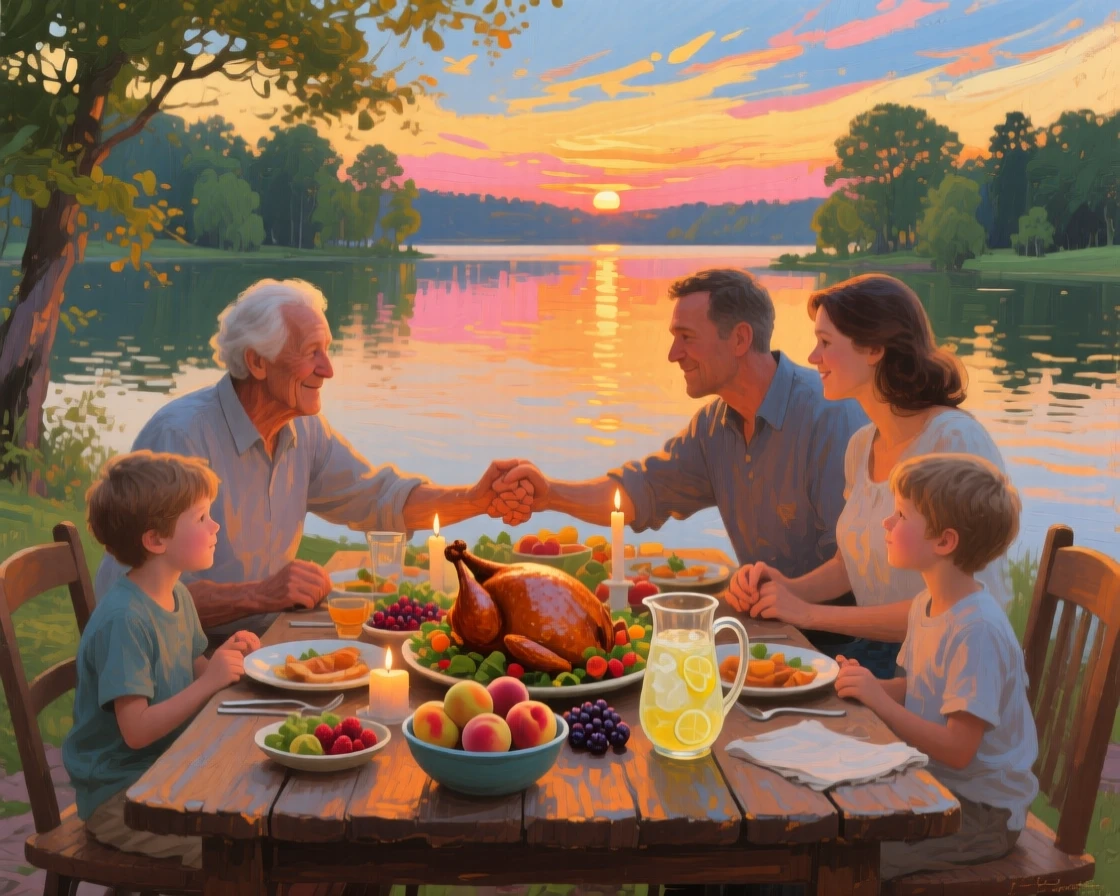 A family gathered around a table for a holiday meal, hands joined in a warm embrace, beside a lake during a warm summer evening, at golden hour, light glowing softly around them.