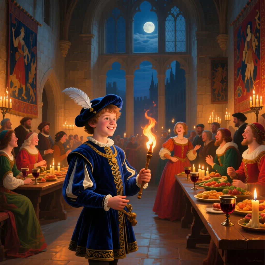 A young page holds court within a castle glowing with torchlight at night during a joyous celebration.