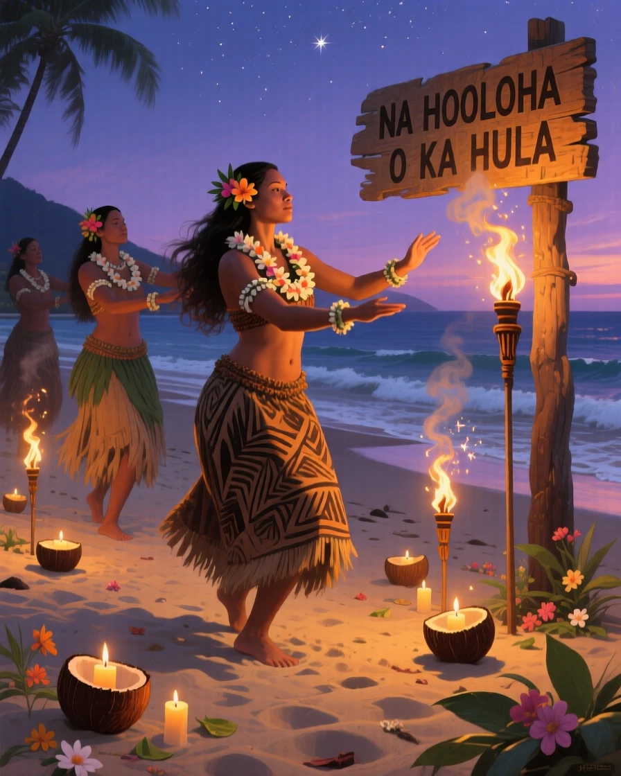 Native Hawaiian dancers performing hula on a torch-lit beach at dusk, as warm candlelight or torchlight fills the surrounding space, bringing a vivid, immersive moment of history to life