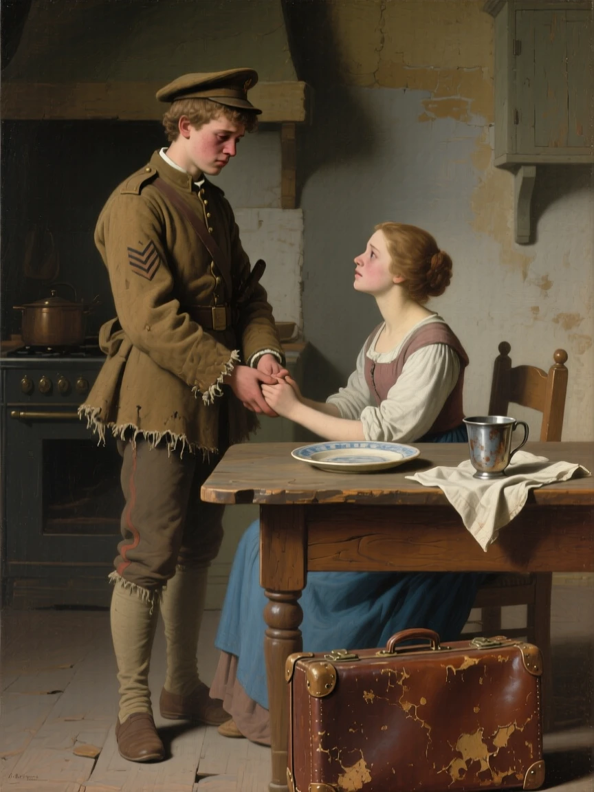 A young soldier saying farewell to his sweetheart before departing for war as the weight of years finally lifts, set at a rustic kitchen table set for an unexpected guest, with worn traveling clothes and a battered suitcase telling their own story; the composition uses negative space to emphasize the distance just closed, filled with gratitude, humility, and human warmth.