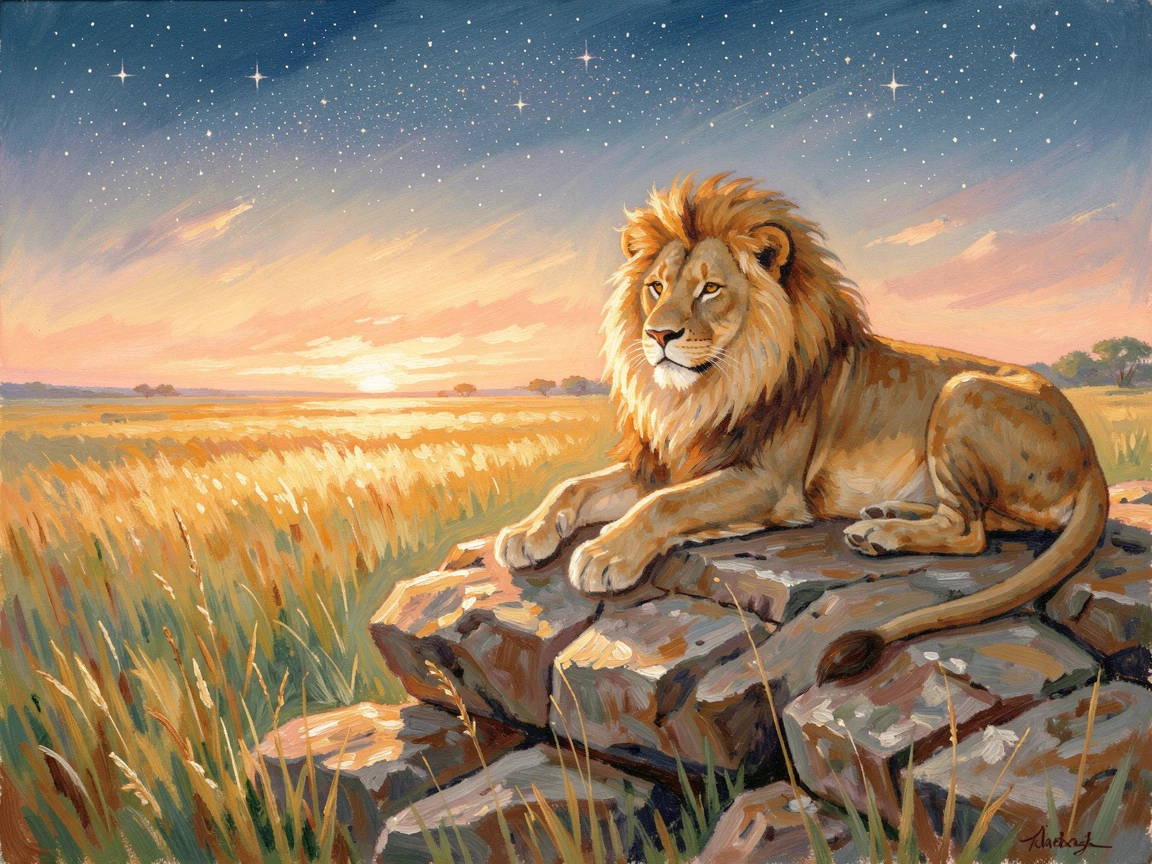 A majestic lion resting atop a rocky outcrop overlooking the golden savanna at sunset, under a canopy of stars, filled with warmth and nostalgia.