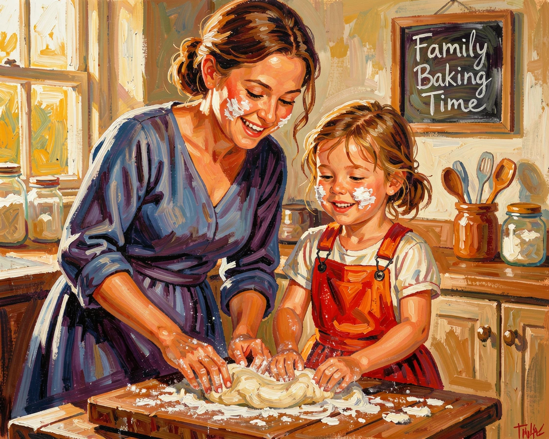 A mother and daughter cooking together, flour smudged across both their cheeks.