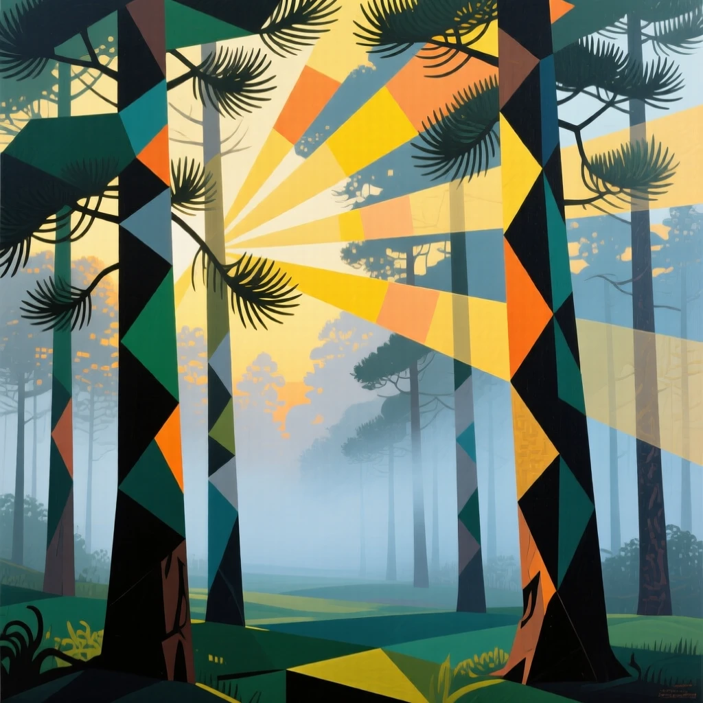 A misty pine forest at dawn with sunlight breaking through the canopy.