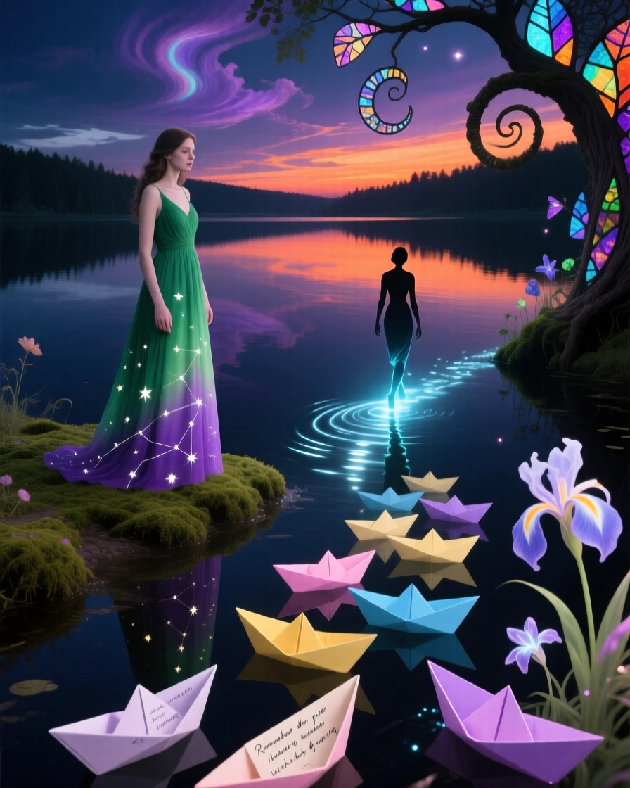 A woman whose reflection walks a different direction than she does waits patiently at the edge of a still, dark lake, as tiny paper boats drift past their feet.