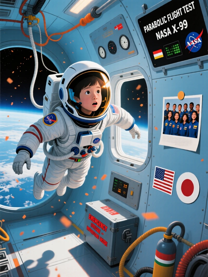 A young astronaut trainee floats weightlessly during a parabolic flight test, wide-eyed wonder visible through the helmet visor, their surroundings offering subtle clues about culture, place, and the moment being lived.