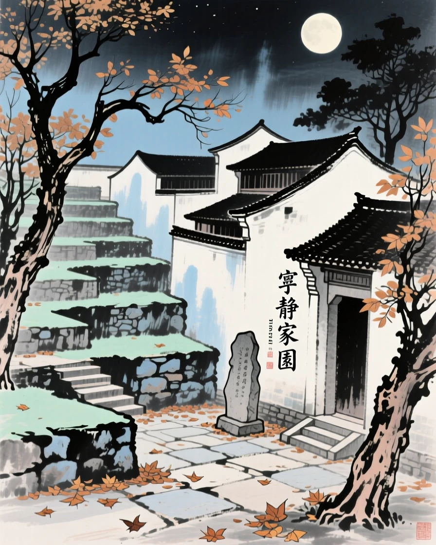Terraced courtyards of an old family estate framed by garden trees, imbued with timeless calm, under a full moon, in late autumn.